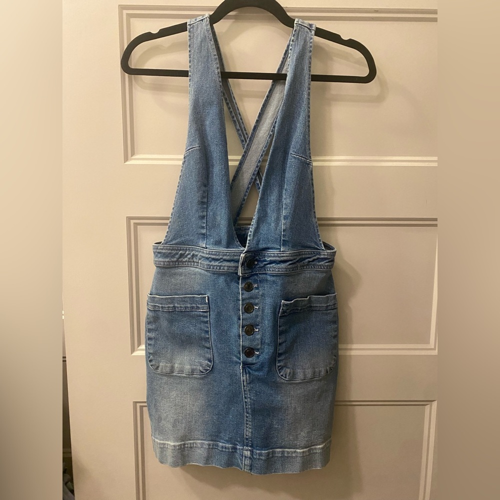 Free People~ Denim Mini Overall Dress with Pockets~ Size 6